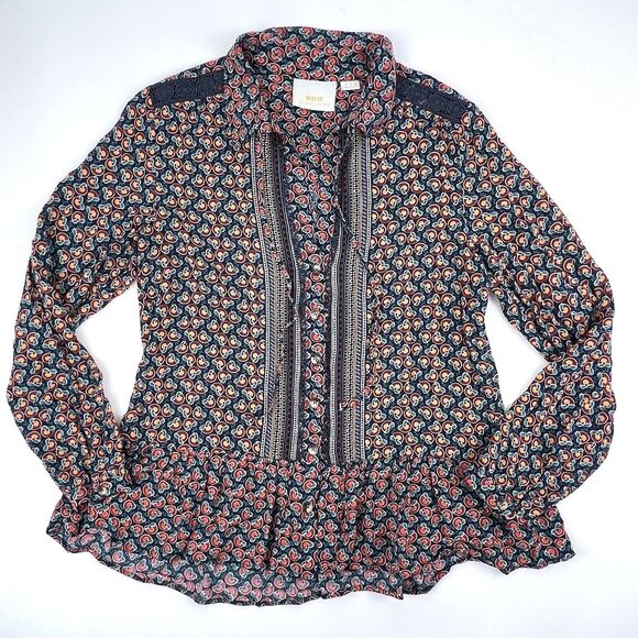 MAEVE Anthropologie Flounced Peasant Janie Blouse Top Shirt Floral Navy Button 6 - Picture 2 of 10